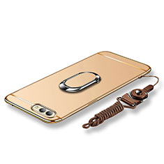 Funda Bumper Lujo Marco de Metal y Plastico Carcasa con Anillo de dedo Soporte y Lanyard para Huawei Honor V10 Oro