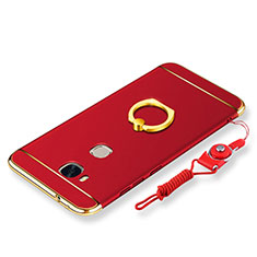 Funda Bumper Lujo Marco de Metal y Plastico Carcasa con Anillo de dedo Soporte y Lanyard para Huawei Honor X5 Rojo