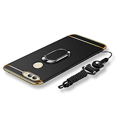 Funda Bumper Lujo Marco de Metal y Plastico Carcasa con Anillo de dedo Soporte y Lanyard para Huawei Nova 2 Negro