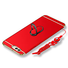 Funda Bumper Lujo Marco de Metal y Plastico Carcasa con Anillo de dedo Soporte y Lanyard para Huawei Nova 2S Rojo