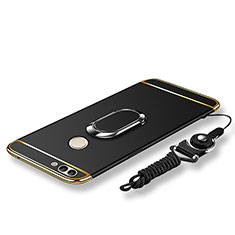 Funda Bumper Lujo Marco de Metal y Plastico Carcasa con Anillo de dedo Soporte y Lanyard para Huawei P Smart Negro