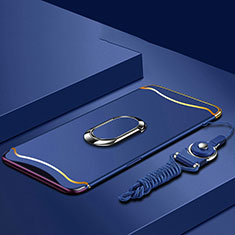 Funda Bumper Lujo Marco de Metal y Plastico Carcasa con Anillo de dedo Soporte y Lanyard para Oppo Find X Azul