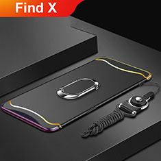 Funda Bumper Lujo Marco de Metal y Plastico Carcasa con Anillo de dedo Soporte y Lanyard para Oppo Find X Negro