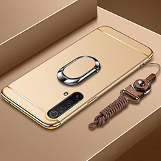 Funda Bumper Lujo Marco de Metal y Plastico Carcasa con Anillo de dedo Soporte y Lanyard para Realme X50 5G Oro