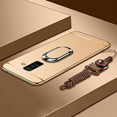 Funda Bumper Lujo Marco de Metal y Plastico Carcasa con Anillo de dedo Soporte y Lanyard para Samsung Galaxy A9 Star Lite Oro