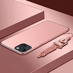 Funda Bumper Lujo Marco de Metal y Plastico Carcasa con Lanyard para Apple iPhone 14 Oro Rosa