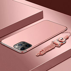 Funda Bumper Lujo Marco de Metal y Plastico Carcasa con Lanyard para Apple iPhone 14 Pro Max Oro Rosa
