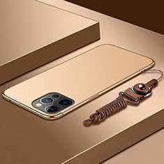 Funda Bumper Lujo Marco de Metal y Plastico Carcasa con Lanyard para Apple iPhone 14 Pro Oro