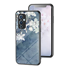 Funda Bumper Silicona Gel Espejo Flores Carcasa para OnePlus 9 5G Azul