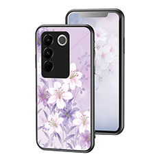 Funda Bumper Silicona Gel Espejo Flores Carcasa para Vivo V27 5G Purpura Claro