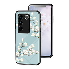 Funda Bumper Silicona Gel Espejo Flores Carcasa para Vivo V27 Pro 5G Cian