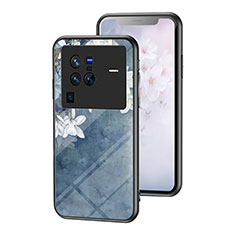 Funda Bumper Silicona Gel Espejo Flores Carcasa para Vivo X80 Pro 5G Azul