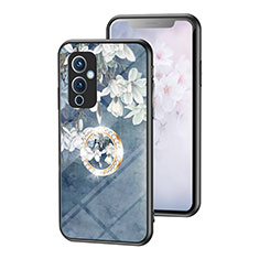 Funda Bumper Silicona Gel Espejo Flores Carcasa S01 para OnePlus 9 5G Azul