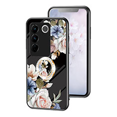 Funda Bumper Silicona Gel Espejo Flores Carcasa S01 para Vivo V27 5G Negro