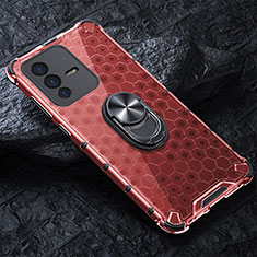 Funda Bumper Silicona Transparente Espejo 360 Grados con Magnetico Anillo de dedo Soporte AM1 para Vivo V23 5G Rojo