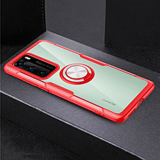 Funda Bumper Silicona Transparente Espejo 360 Grados con Magnetico Anillo de dedo Soporte para Huawei P40 Rojo