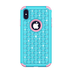 Funda Bumper Silicona y Plastico Carcasa Frontal y Trasera 360 Grados Bling-Bling para Apple iPhone Xs Azul