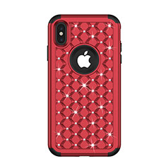 Funda Bumper Silicona y Plastico Carcasa Frontal y Trasera 360 Grados Bling-Bling para Apple iPhone Xs Rojo