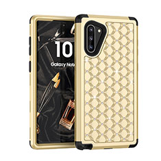 Funda Bumper Silicona y Plastico Carcasa Frontal y Trasera 360 Grados Bling-Bling U01 para Samsung Galaxy Note 10 Oro y Negro