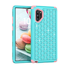 Funda Bumper Silicona y Plastico Carcasa Frontal y Trasera 360 Grados Bling-Bling U01 para Samsung Galaxy Note 10 Plus Cian