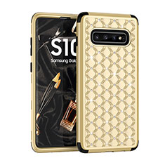 Funda Bumper Silicona y Plastico Carcasa Frontal y Trasera 360 Grados Bling-Bling U01 para Samsung Galaxy S10 Oro y Negro