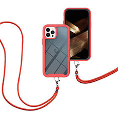 Funda Bumper Silicona y Plastico Carcasa Frontal y Trasera 360 Grados con Acollador Cordon Lanyard para Apple iPhone 13 Pro Max Rojo