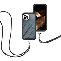 Funda Bumper Silicona y Plastico Carcasa Frontal y Trasera 360 Grados con Acollador Cordon Lanyard para Apple iPhone 14 Pro Max Negro