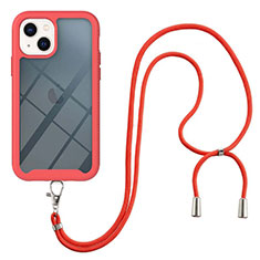 Funda Bumper Silicona y Plastico Carcasa Frontal y Trasera 360 Grados con Acollador Cordon Lanyard para Apple iPhone 15 Rojo