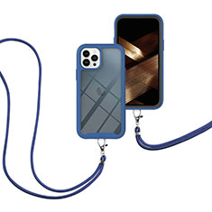 Funda Bumper Silicona y Plastico Carcasa Frontal y Trasera 360 Grados con Acollador Cordon Lanyard para Apple iPhone 16 Pro Max Azul