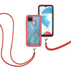 Funda Bumper Silicona y Plastico Carcasa Frontal y Trasera 360 Grados con Acollador Cordon Lanyard para Realme C21Y Rojo