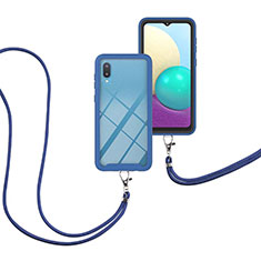 Funda Bumper Silicona y Plastico Carcasa Frontal y Trasera 360 Grados con Acollador Cordon Lanyard para Samsung Galaxy A02 Azul