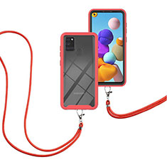 Funda Bumper Silicona y Plastico Carcasa Frontal y Trasera 360 Grados con Acollador Cordon Lanyard para Samsung Galaxy A21s Rojo