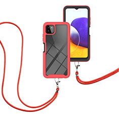 Funda Bumper Silicona y Plastico Carcasa Frontal y Trasera 360 Grados con Acollador Cordon Lanyard para Samsung Galaxy A22s 5G Rojo