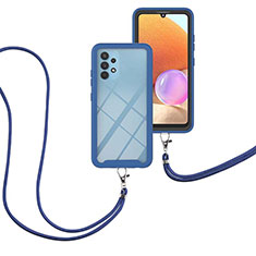 Funda Bumper Silicona y Plastico Carcasa Frontal y Trasera 360 Grados con Acollador Cordon Lanyard para Samsung Galaxy A32 5G Azul