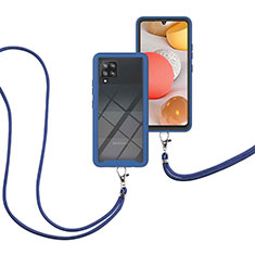 Funda Bumper Silicona y Plastico Carcasa Frontal y Trasera 360 Grados con Acollador Cordon Lanyard para Samsung Galaxy A42 5G Azul