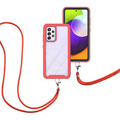 Funda Bumper Silicona y Plastico Carcasa Frontal y Trasera 360 Grados con Acollador Cordon Lanyard para Samsung Galaxy A52 4G Rojo