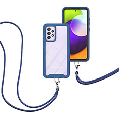 Funda Bumper Silicona y Plastico Carcasa Frontal y Trasera 360 Grados con Acollador Cordon Lanyard para Samsung Galaxy A52 5G Azul