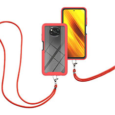 Funda Bumper Silicona y Plastico Carcasa Frontal y Trasera 360 Grados con Acollador Cordon Lanyard para Xiaomi Poco X3 NFC Rojo