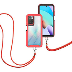 Funda Bumper Silicona y Plastico Carcasa Frontal y Trasera 360 Grados con Acollador Cordon Lanyard para Xiaomi Redmi 10 (2022) Rojo