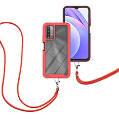 Funda Bumper Silicona y Plastico Carcasa Frontal y Trasera 360 Grados con Acollador Cordon Lanyard para Xiaomi Redmi 9 Power Rojo