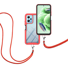 Funda Bumper Silicona y Plastico Carcasa Frontal y Trasera 360 Grados con Acollador Cordon Lanyard para Xiaomi Redmi Note 12 5G Rojo