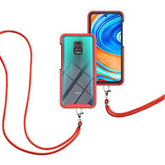 Funda Bumper Silicona y Plastico Carcasa Frontal y Trasera 360 Grados con Acollador Cordon Lanyard para Xiaomi Redmi Note 9 Pro Max Rojo