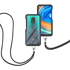 Funda Bumper Silicona y Plastico Carcasa Frontal y Trasera 360 Grados con Acollador Cordon Lanyard para Xiaomi Redmi Note 9 Pro Negro