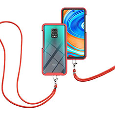Funda Bumper Silicona y Plastico Carcasa Frontal y Trasera 360 Grados con Acollador Cordon Lanyard para Xiaomi Redmi Note 9 Pro Rojo