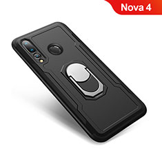 Funda Bumper Silicona y Plastico Mate Carcasa con Anillo de dedo Soporte A01 para Huawei Nova 4 Negro