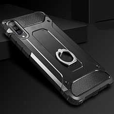 Funda Bumper Silicona y Plastico Mate Carcasa con Anillo de dedo Soporte H01 para Samsung Galaxy A70S Negro