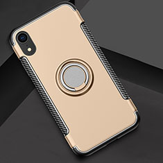 Funda Bumper Silicona y Plastico Mate Carcasa con Anillo de dedo Soporte S01 para Apple iPhone XR Oro