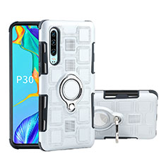 Funda Bumper Silicona y Plastico Mate Carcasa con Anillo de dedo Soporte S01 para Huawei P30 Blanco