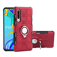 Funda Bumper Silicona y Plastico Mate Carcasa con Anillo de dedo Soporte S01 para Huawei P30 Rojo