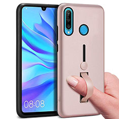 Funda Bumper Silicona y Plastico Mate Carcasa con Anillo de dedo Soporte S04 para Huawei P30 Lite New Edition Oro Rosa